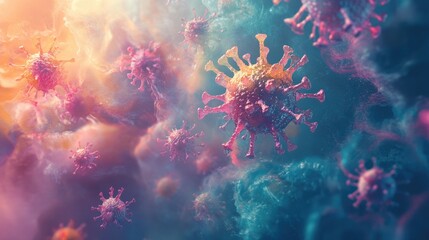 Abstract depiction of diseases or viruses forming a swirling pattern, set against a dynamic background, representing the spread of pathogens in stunning detail