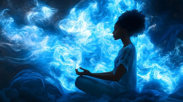 African American woman practicing mindfulness, with flowing blue psychic waves around her, symbolizing well-being. Abstract, dreamy, watercolor style, soft lighting, vivid tones