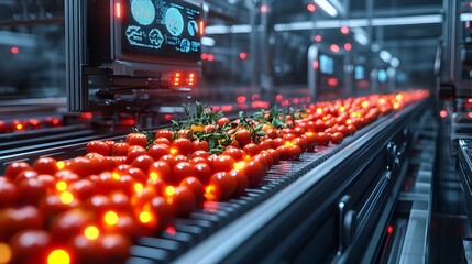 A futuristic conveyor belt in a high-tech factory, AI-driven systems performing rapid visual and sensor-based quality checks on each food item, sleek metallic surroundings