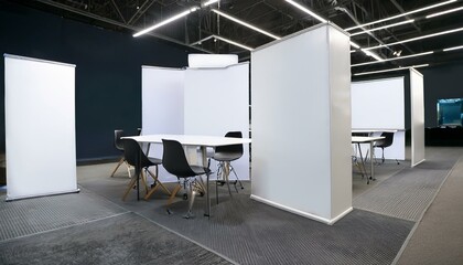 a set of realistic trade show chairs and tables, or a white blank stand booth for corporate or exhibition