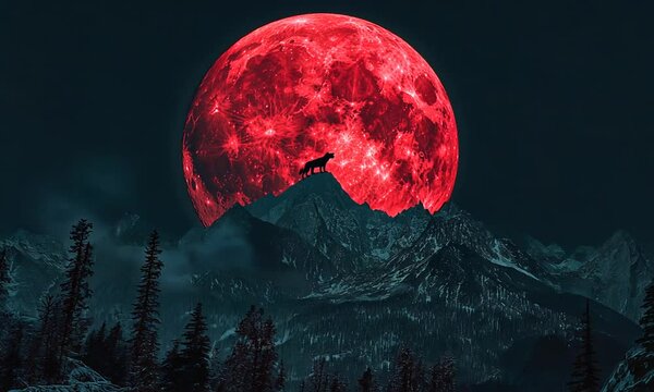 the shadow of a wolf howling right in the middle of the big red moon above the mountains forest at night