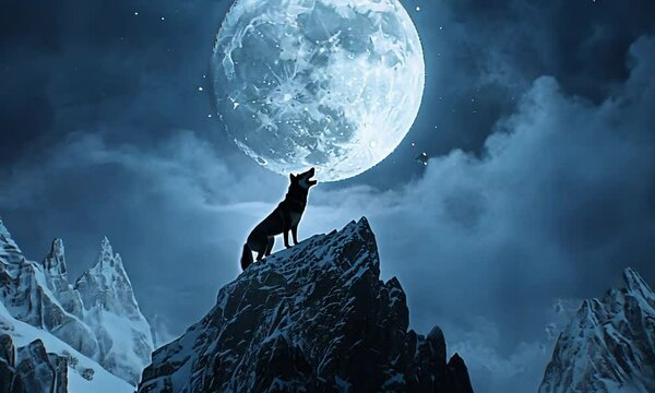 the shadow of a wolf howling right in the middle of the big moon above the mountains