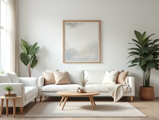 A stylish living room interior design white sofas, a wooden side table, abstract wall art, and minimalist decor. The space includes soft rug, indoor plants, flower and cozy accents, creating serene.