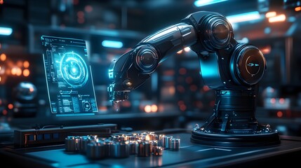 Fototapeta premium A robotic arm testing product purity with floating holographic metrics, dark futuristic lab with soft neon lighting, Cyberpunk aesthetics, hyper-detailed, 3D art