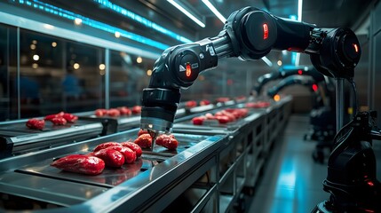 Fototapeta premium Advanced robotic arms inspecting food items on a conveyor belt, surrounded by holographic quality indicators, illuminated by neon blue lights, Cyberpunk, 3D rendering