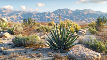 Desert Landscape with Mountain Range and Blooming Plants