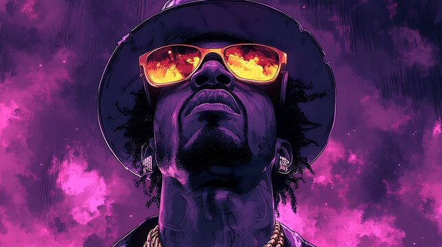 Man in hat and sunglasses looking up at the sky with a cool and confident expression. Digital illustration with vibrant colors and dynamic composition.