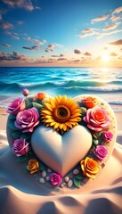 Fototapeta premium radiant heart-shaped arch adorned with sunflowers and roses