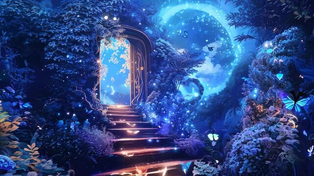 Enchanted fairy tale fantasy forest with glow magical secret door, shine light and flying butterfly in forest