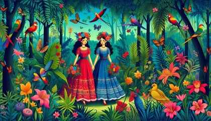 Fototapeta premium couple of Catrina women, in a magical garden, day of death or celebrations and traditions of Mexico, created with generative A.I.