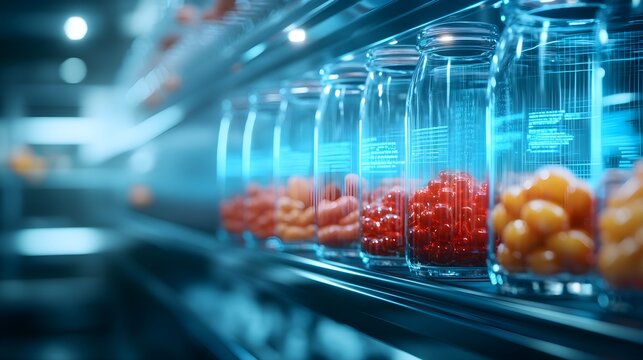 AI-controlled food factory with glowing holographic sensory displays, conveyor belts, neon-lit environment, high-tech minimalist style, digital illustration