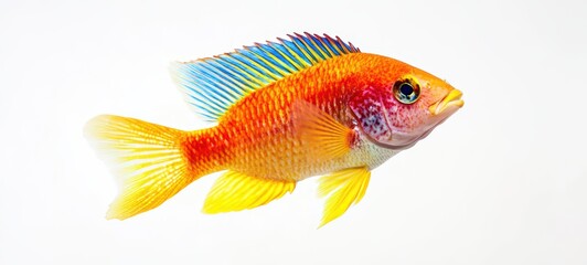 Fototapeta premium A bright and colorful fish swimming in place, with its scales shimmering against a clean, white background