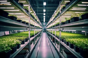 Naklejka premium Indoor vertical farming setup with rows of thriving plants under artificial lights