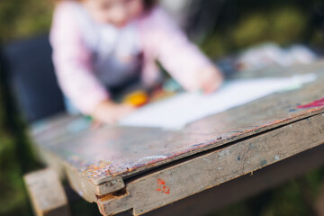 Kids drawing at plein air, group class of talented children with painting easel and wooden canvas during lesson of watercolor painting outdoors, drawing class for young teen artists in art school