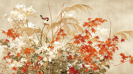 rice, Ear of rice, autumn, sun, sparrow, golden, Japanese pattern, Japan, tradition, typical, Japanese art, Japanese painting, ink painting, sumi-e, ukiyo-e, elegance, happiness, landscape, wabi-sabi,