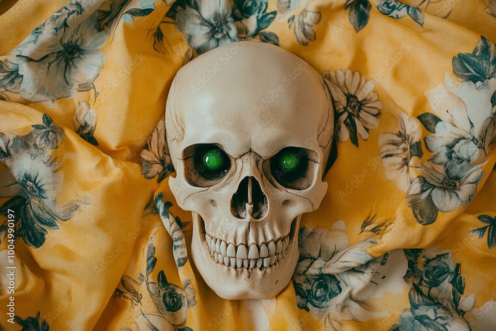 Wall mural Spooky human skull looking at camera with green eyes while being placed on fabrics with drawn flowers and yellow background - generative ai