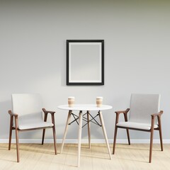 Mockup frame on table in living room interior on empty white wall background. 3D Rendering
