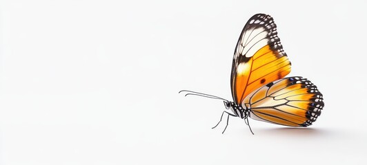 Obraz premium A delicate butterfly with intricate wing patterns, fluttering gracefully on a white background
