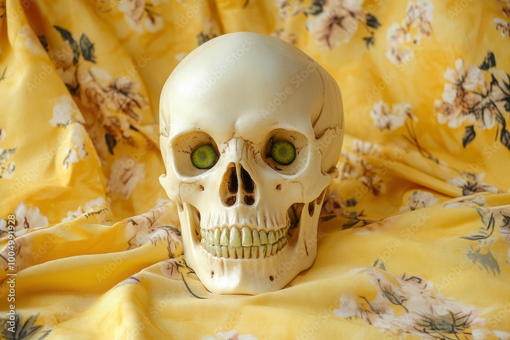 Wall mural Spooky human skull looking at camera with green eyes while being placed on fabrics with drawn flowers and yellow background - generative ai