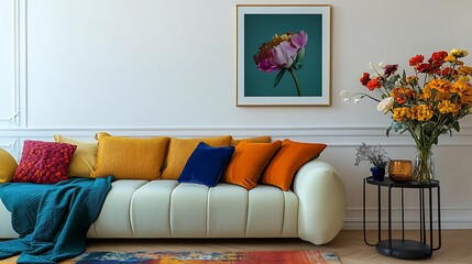  Stylish sofa setup with bold cushions and fresh flowers, creating a cheerful and inviting atmosphere. Mock up poster frame. 