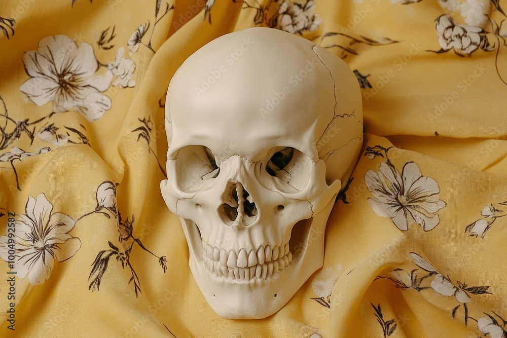 Wall mural Spooky human skull looking at camera with green eyes while being placed on fabrics with drawn flowers and yellow background - generative ai