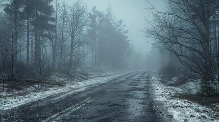 Obraz premium Foggy Forest Road in Winter - A Serene Landscape