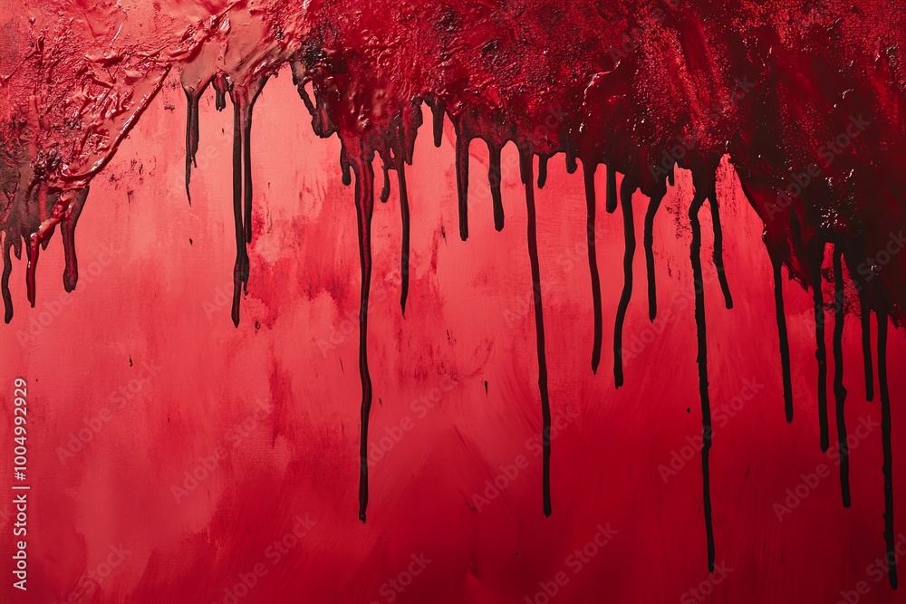 Poster artistic representation of red and black paint dripping on a textured surface in a creative display 