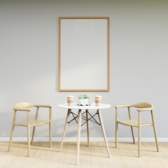 Mockup frame on table in living room interior on empty white wall background. 3D Rendering