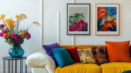  Stylish sofa setup with bold cushions and fresh flowers, creating a cheerful and inviting atmosphere. Mock up poster frame. 