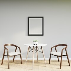 Mockup frame on table in living room interior on empty white wall background. 3D Rendering