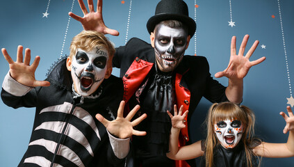 Father with children in Halloween costumes on color background