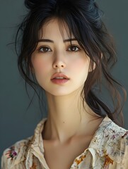 Naklejka premium Close-up portrait of a young woman with long black hair, looking directly at the camera with a soft expression. Her skin is fair and her eyes are a deep brown.
