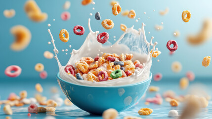 vibrant bowl of cereal with colorful pieces is splashing milk, creating joyful scene. dynamic motion captures excitement of breakfast time