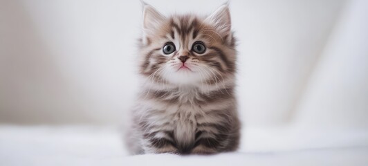 Fototapeta premium A fluffy kitten with big, expressive eyes, sitting contentedly on a white background