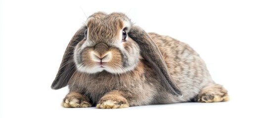 A fluffy rabbit with long ears and a twitching nose, sitting in a relaxed pose on a white background