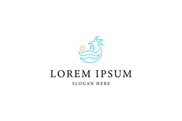 Fototapeta premium palm tree logo with water waves and sun in linear design style