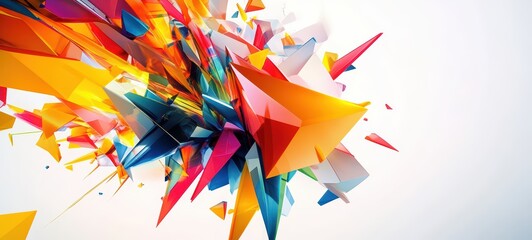 A geometric pattern featuring an explosion of colors in sharp, angular shapes, creating a striking contrast against a white background