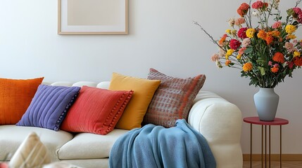 Stylish sofa setup with bold cushions and fresh flowers, creating a cheerful and inviting atmosphere. Mock up poster frame. 
