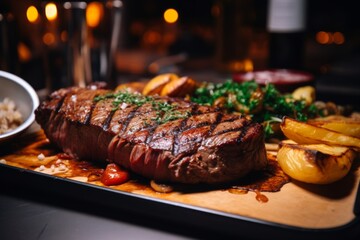 Close up of a medium rare steak in restaurant