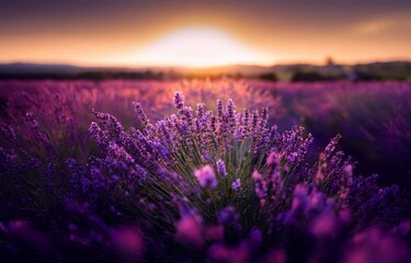 Fototapeta premium A field of lavender at sunset, with the sun shining brightly in the distance.