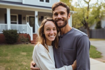 Obraz premium Portrait of a smiling American couple in front of house