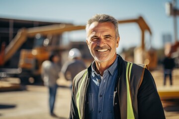 Obraz premium Smiling portrait of a mature Caucasian businessman on construction site