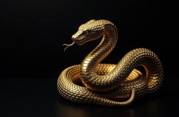 Fototapeta premium Golden Snake on a black Background, symbol of new year 2025