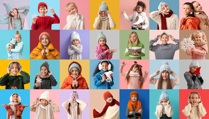 Set of emotional little children in winter clothes on color background