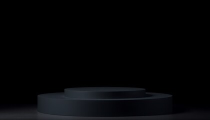 A black pedestal with two tiers, set against a black background.