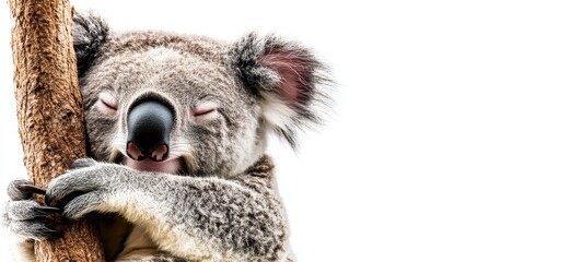 A sleepy koala with its large, round eyes and fuzzy ears, clinging to a branch against a stark white background