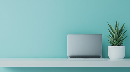 Fototapeta premium Minimalist workspace with laptop and plant