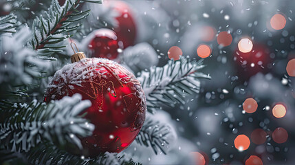 christmas and new year decoration red balls on branches.