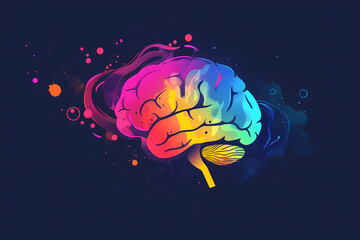 Fototapeta premium Colorful abstract illustration of a human brain, showcasing vibrant hues and artistic splashes, representing creativity and intelligence.