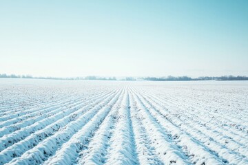 Fototapeta premium Snow-Covered Field with Rows of Plants in a Winter Landscape